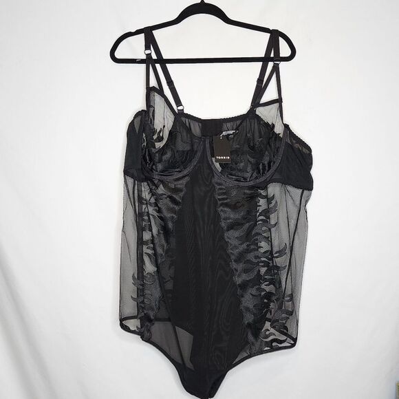 5X 28W Torrid Black Bodysuit Flames Embroidered Underwire Sheer Lingerie Pinup - Picture 3 of 10
